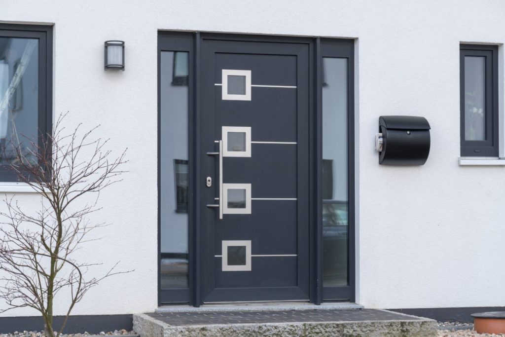 Hauseinganstür, Eingangstür mit Glaskacheln, schwarzgrau eingangstür, haustüre