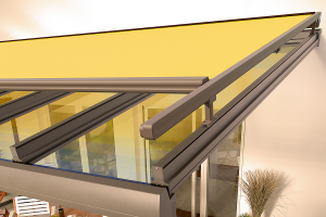 Terrassendach, Terassenüberdachung mit Markise, Markise für Terrassenüberdachung, Gelbe Terrassendachmarkise,
